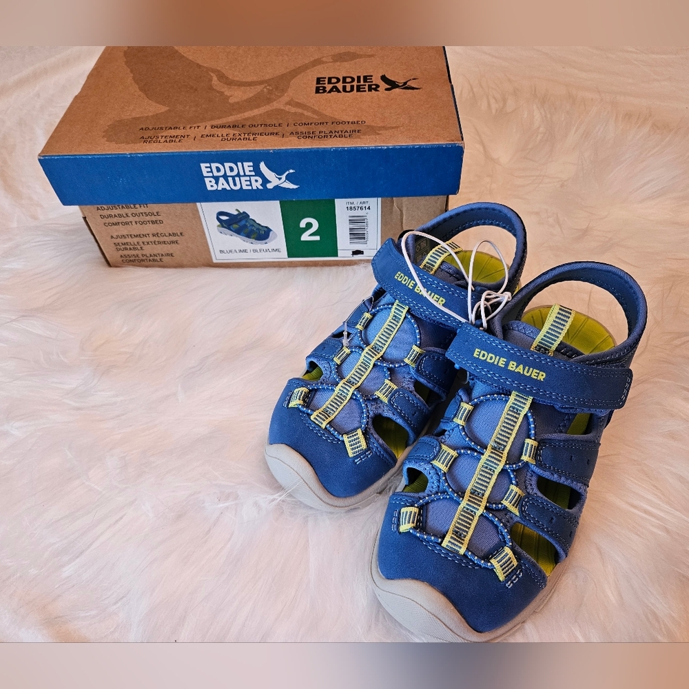 NWT Size 2 Blue and Lime Eddie Bauer Bump Toe Sandals with Velcro Strap
